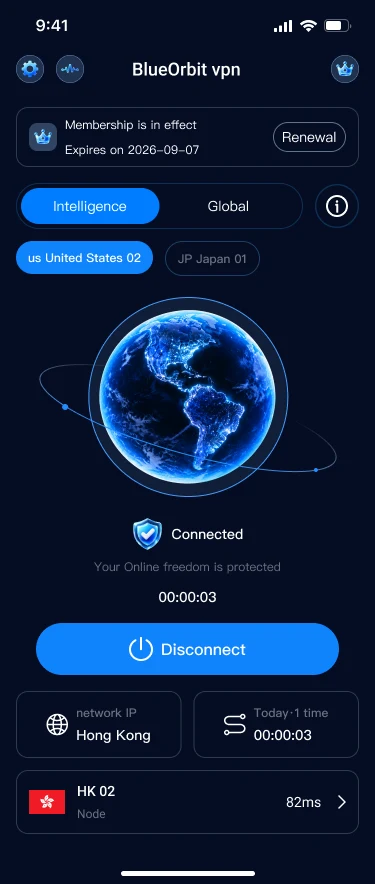 BlueOrbit VPN connected screen showing a global VPN node
