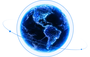 Blue illuminated globe with an orbit line